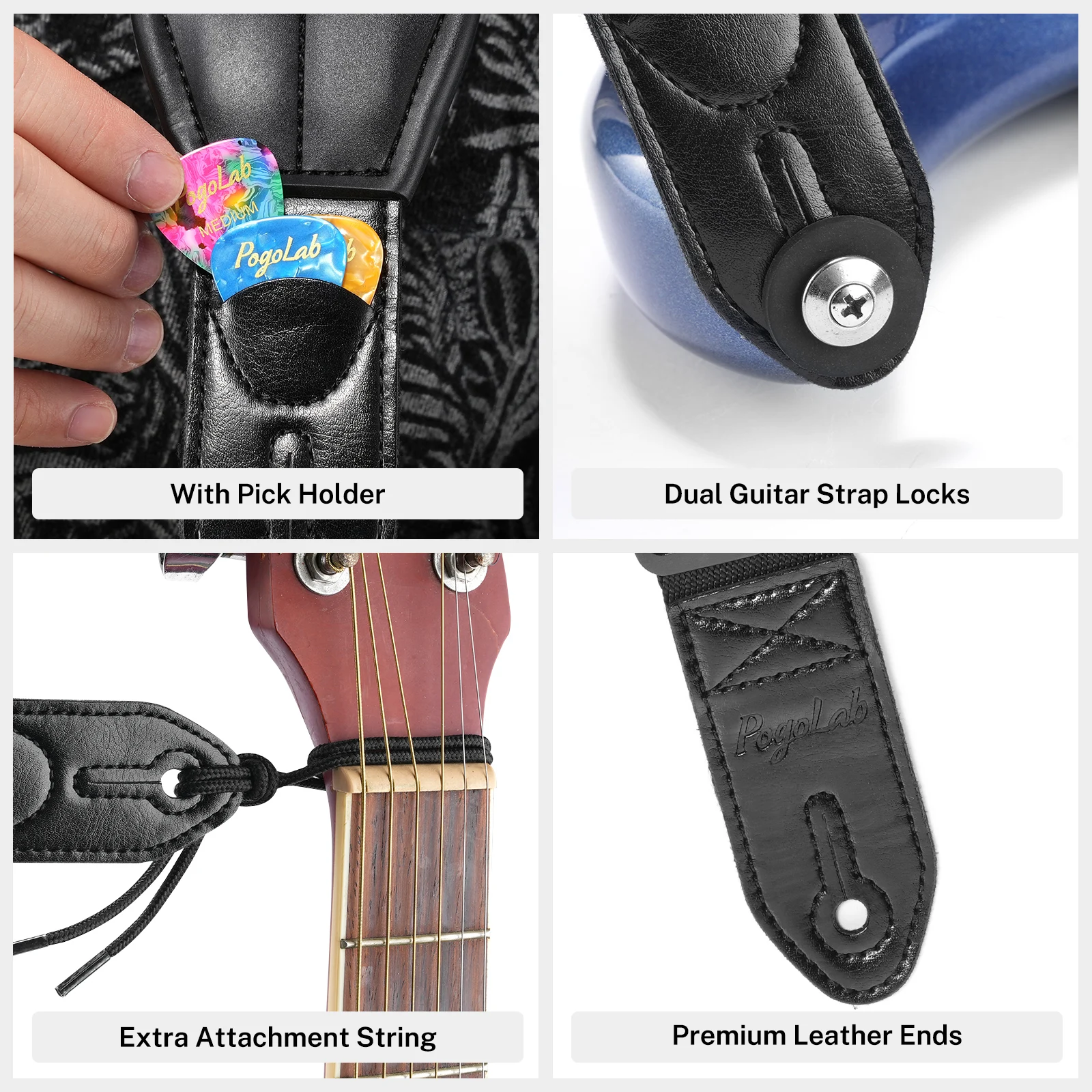 POGOLAB PGS-13 Guitar Strap 3.5" Wide Air Cell Cushions Neoprene Padded Soft Comfortable Bass with 2 Locks & 6 Picks String