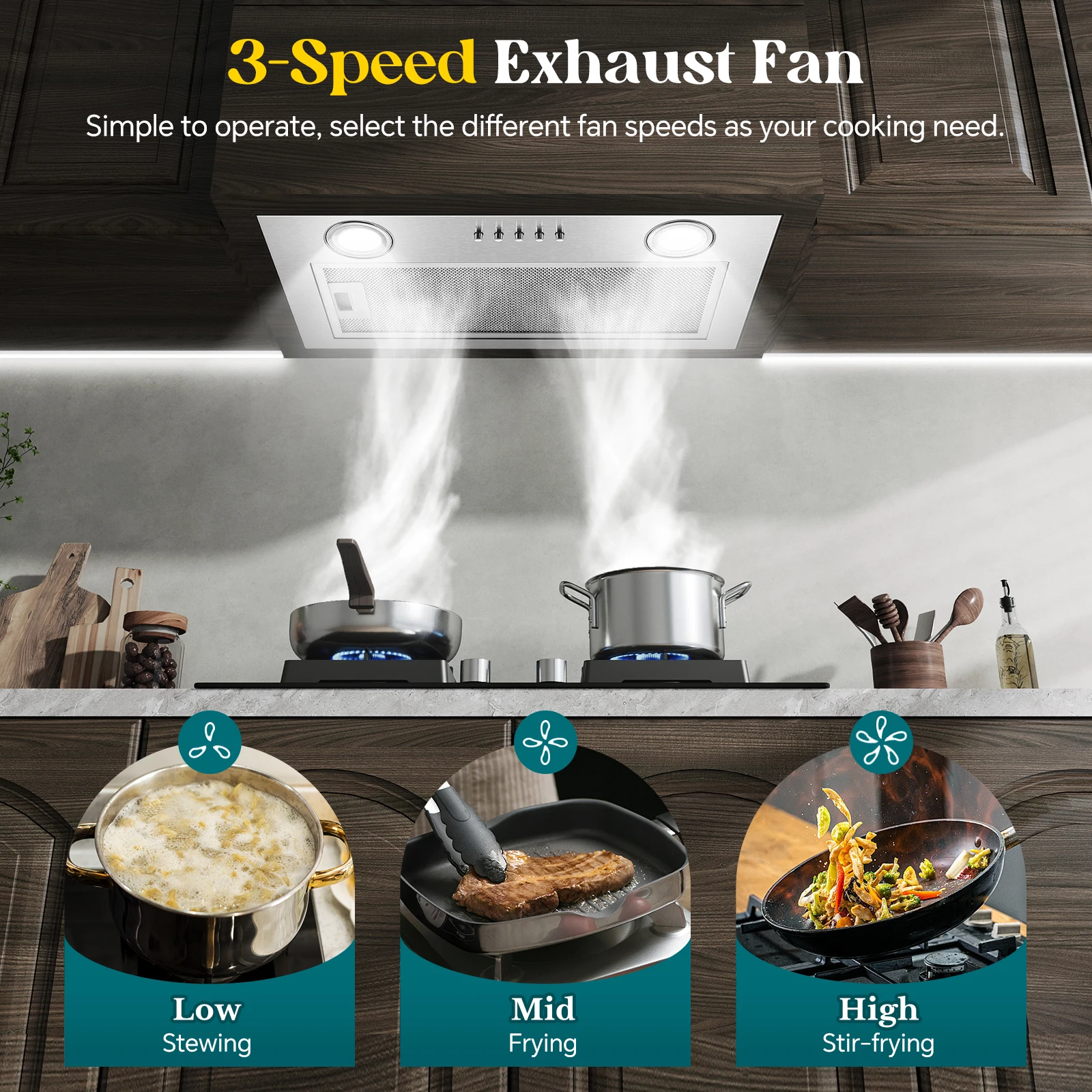 20 Inch 600CFM Insert Stainless Steel Kitchen Vent with LED Light Exhaust Fan Button Control Range Hood 3