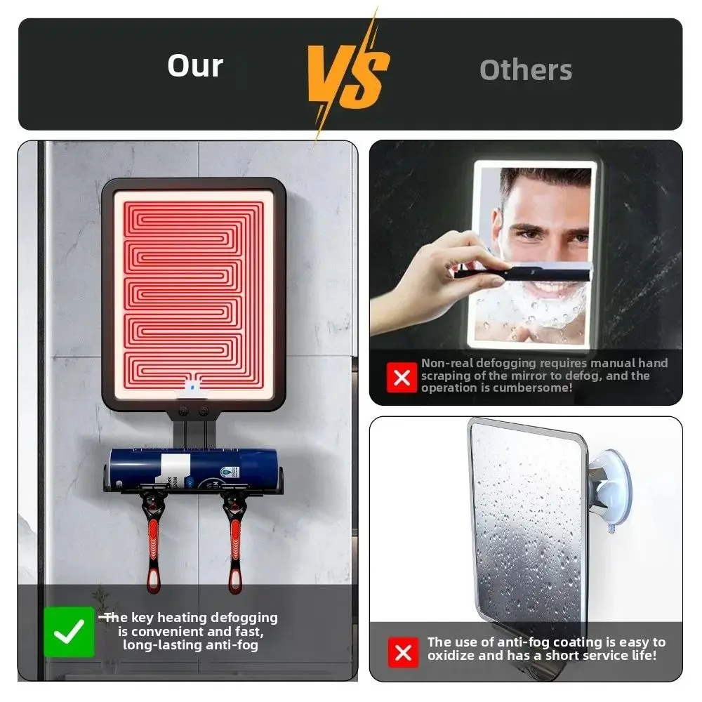 แบตเตอรี่แบบชาร์จไฟได้กระจกอาบน้ําไร้ฝ้ากันน้ํา 3 โหมดสีกระจกโกนหนวดอุ่นติดตั้งสะดวกติดผนัง 1