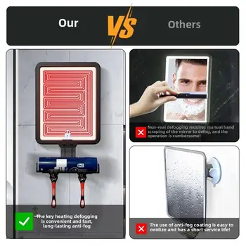 แบตเตอรี่แบบชาร์จไฟได้กระจกอาบน้ําไร้ฝ้ากันน้ํา 3 โหมดสีกระจกโกนหนวดอุ่นติดตั้งสะดวกติดผนัง 1