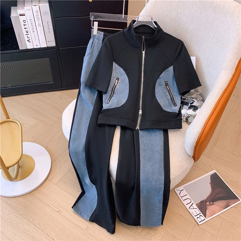 

2024 Summer New Stitched Zipper T-shirt top Female Set Elegant Women's Jeans Casual Blouse Two Piece Set Ladies Tracksuits Suit