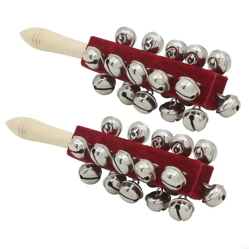 C4DE 2Pcs Christmas Hand Bells Musical Percussion Hand Sleigh Bells Wood Handle Stick Shaker 21 Percussion Instrument