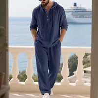 Nouvel ensemble pull à capuche en lin pour homme - coupe ample, chemise décontractée confortable à manches longues et pantalon large - tenue de plage estivale 2