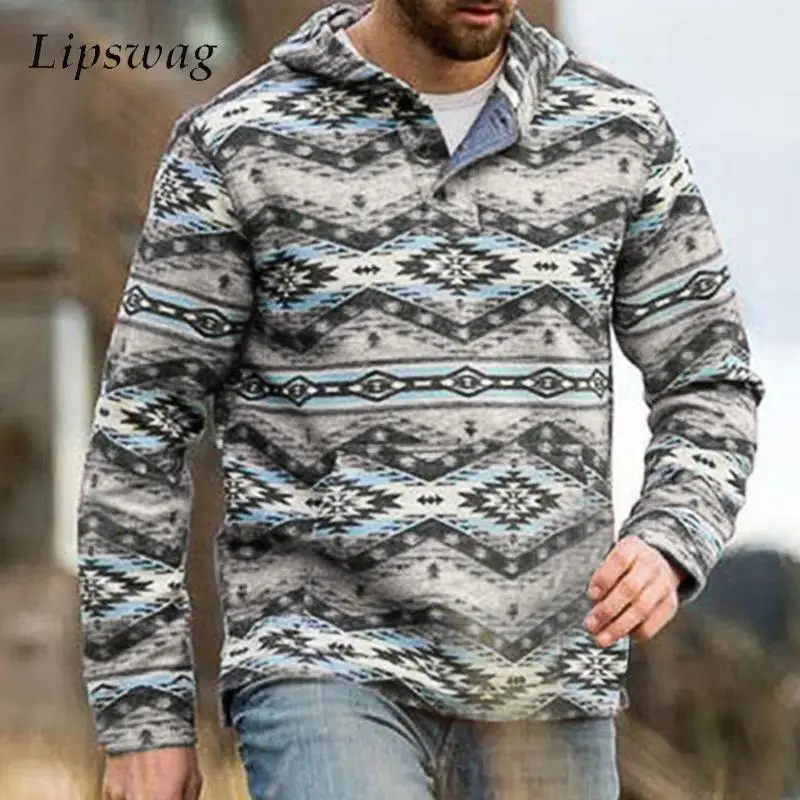 

Vintage Geometric Printing Hoodie Men Casual Loose Long Sleeve Lace-up Hooded Sweatshirt Mens Clothing Fall Fashion Hoodies Tops