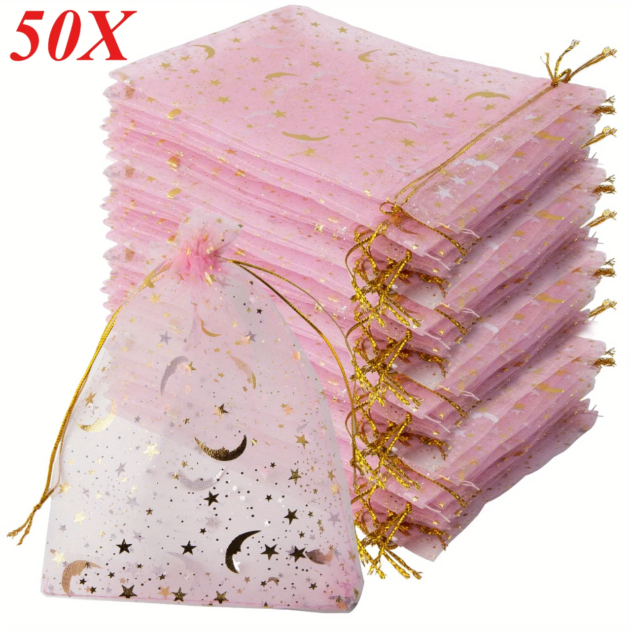 50 Stück rosa Mond Sterne Kordelzug Organzabeutel Schmuck Geschenkbeutel Beutel Gold Stern Organza Geschenkbeutel für Weihnachten Hochzeit