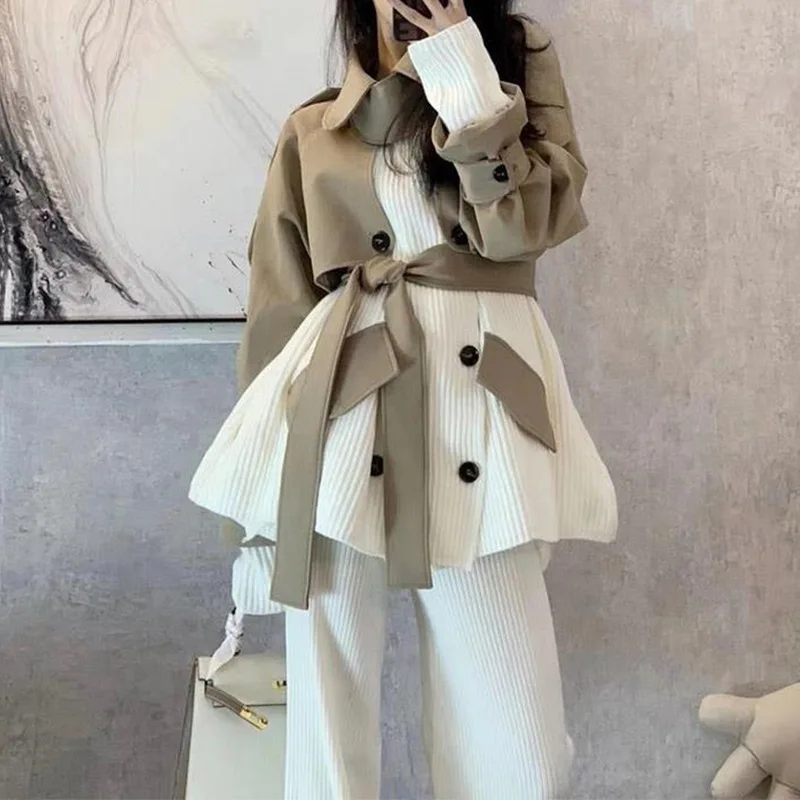 

Stylish design splicing color contrast corduroy suit women's autumn and winter trench coat trousers two-piece suit