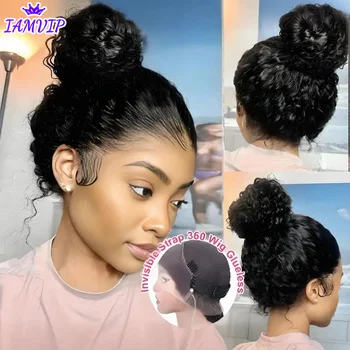 Water Wave 250% Density Invisi Strap 360 Full Lace Frontal Wig 30 inch Black Human Hair Drawstring Snug Kinky Curly Preplucked