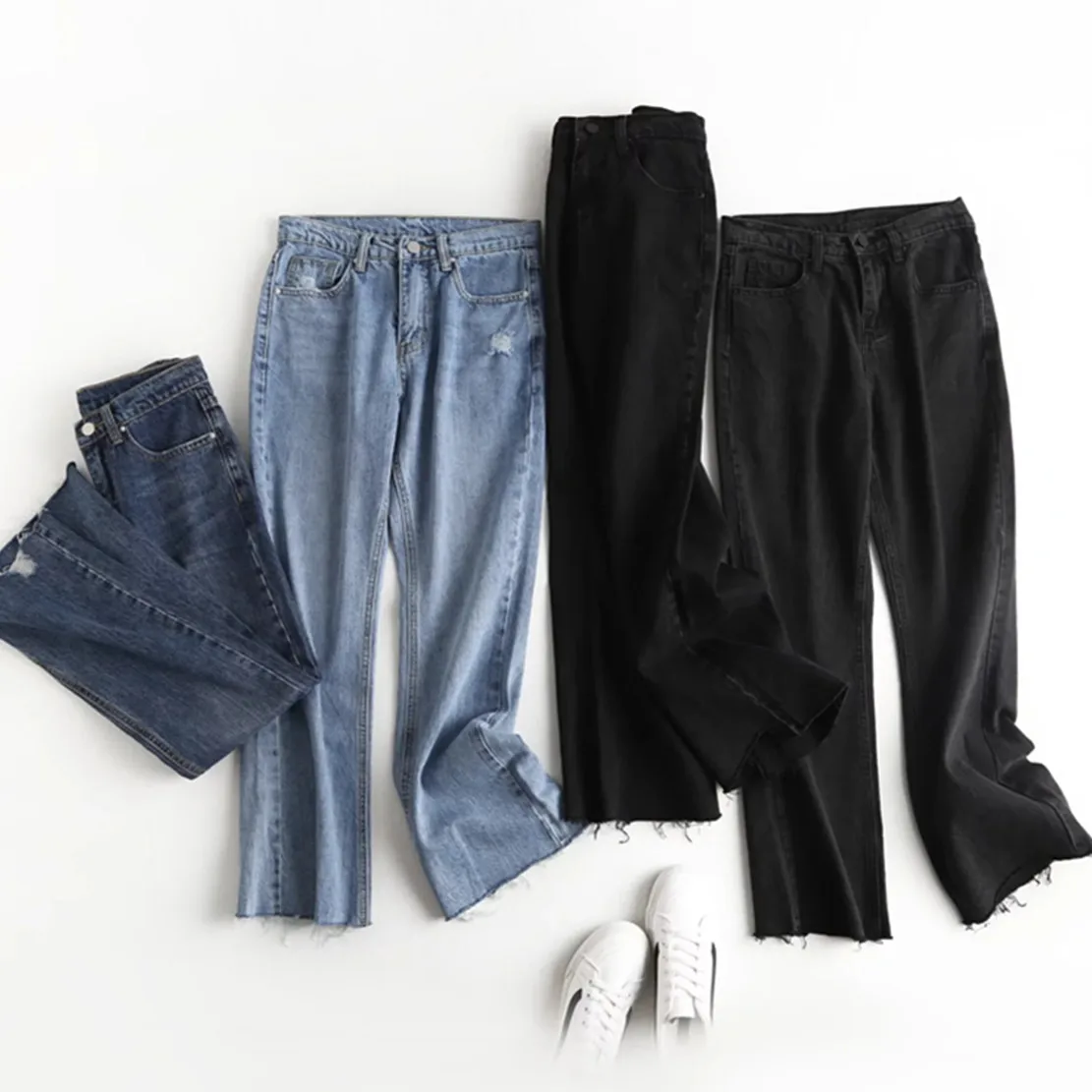 

Withered England Style Fashion Simple Medium Waist Straight Burrs Loose Casual Denim Pants Casual Retro Jeans Women