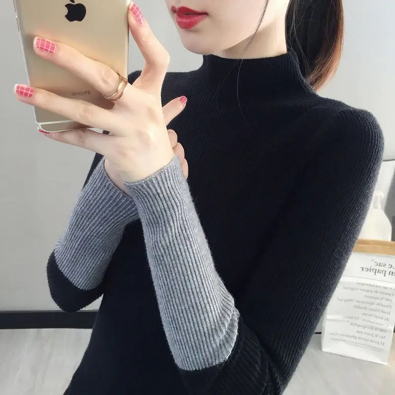 

Women's Half High Neck Knitted Bottom 2023 Autumn and Winter Korean Color-blocked Long Sleeved Sweater Slim Pullover Casual Tops
