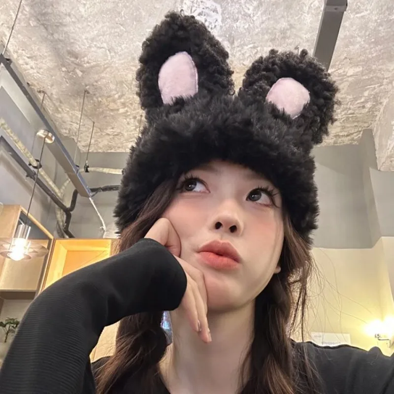 

Cute Rabbit Ears Beanies Hats for Men Autumn and Winter Plush Warm Ear Protection Knitted Pullover Sweet Beautiful Women's Caps