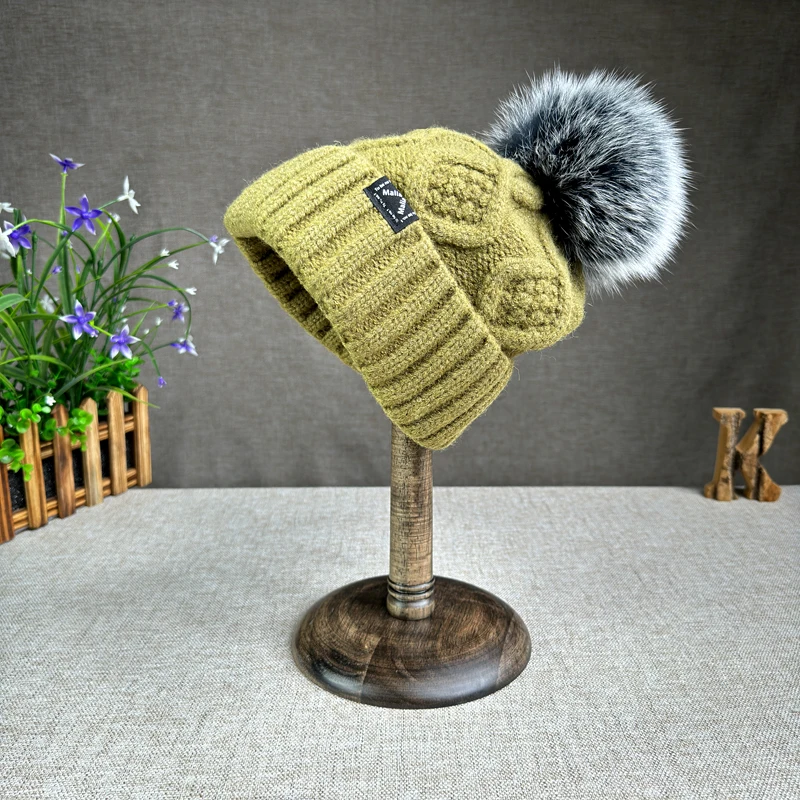 2024 New Women's hats High quality Fur pompom hat Beanies Winter Hats for women Fashion Hat bonnet Female Twist pattern caps 5