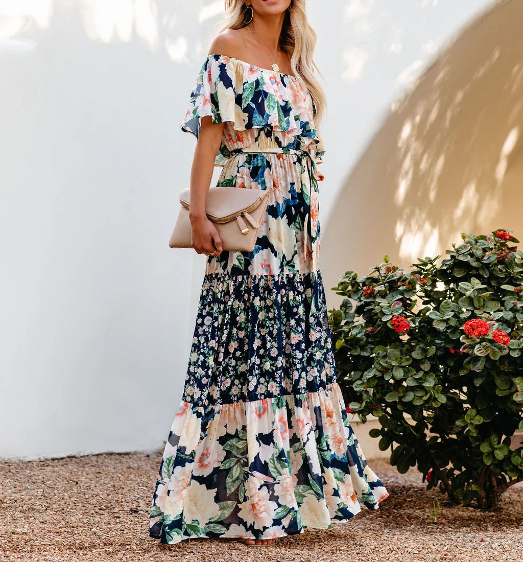 Flower Print Off Shoulder Long Dresses For Women Spring Summer New Fashion Temperament High Waist Leace-up Dress Female Vestidos 7 undefined