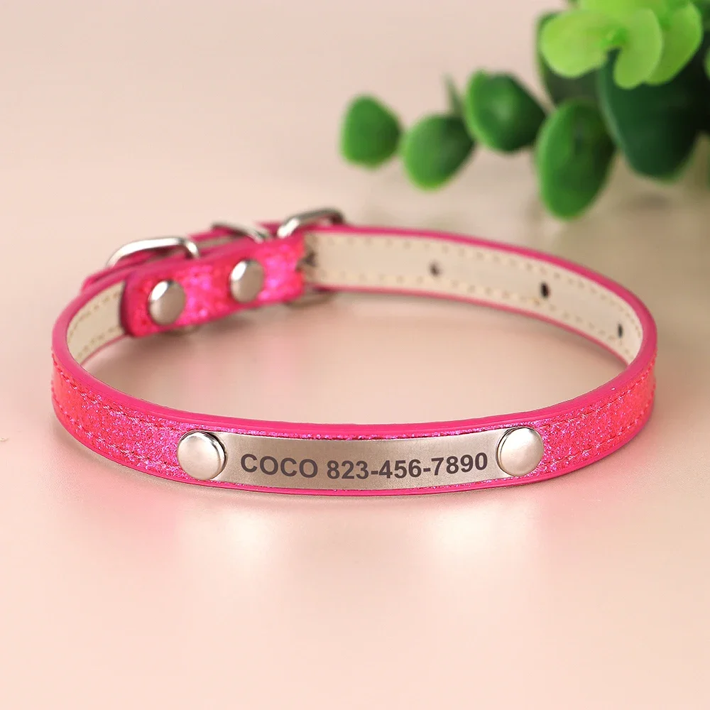 Custom Bling Leather Cat Collar with Engraved ID Nameplate for Cats & Small Dogs