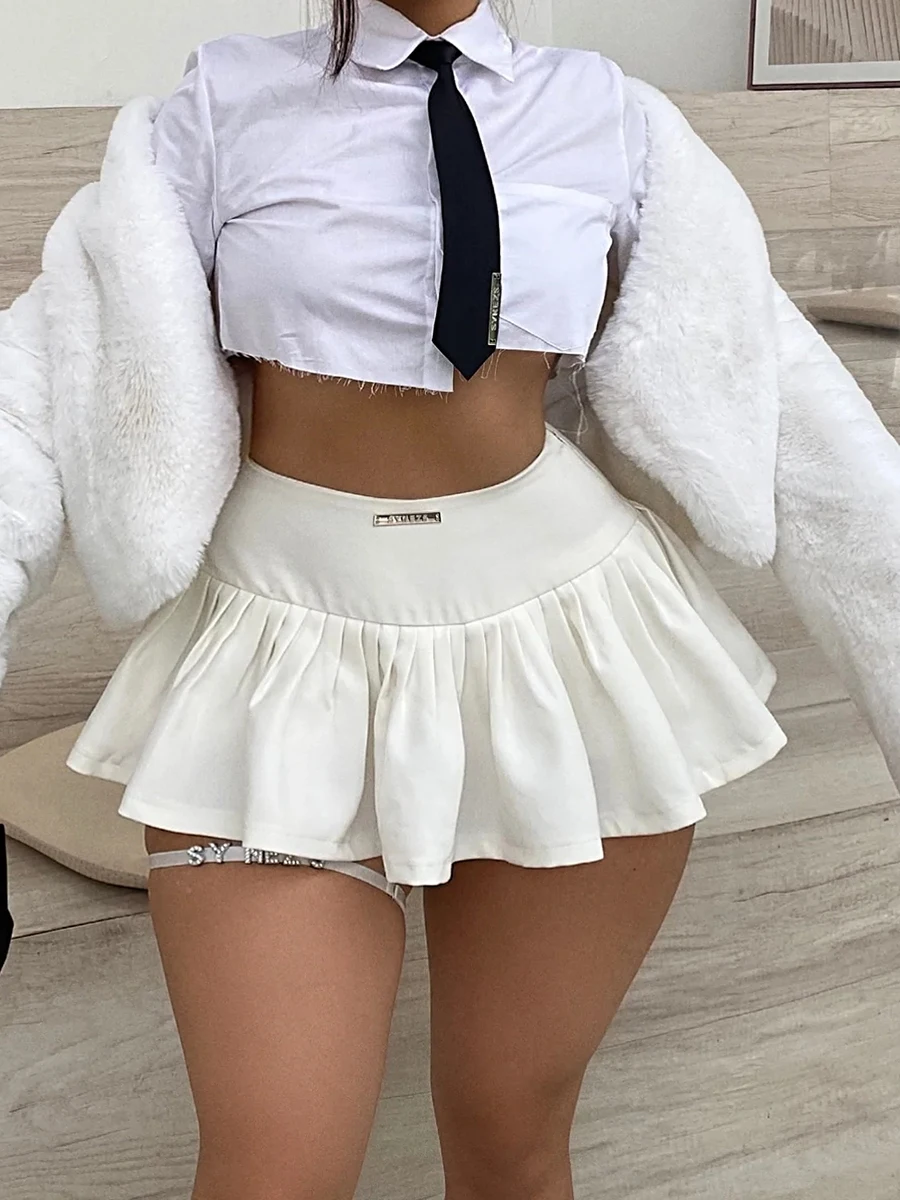 

Women s Pleated Mini Skirt Adults Casual Low-rise Letter Label Skirt with Lining Shorts Outfit Casual Party Wear