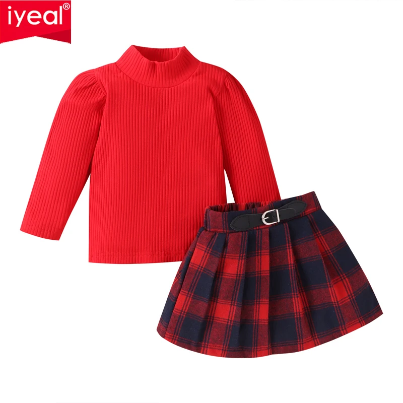

IYEAL Spring Long Sleeve Turtleneck Knit Tops + Plaid Skirt 2PCS Kids Girls Clothing Set 1-5 Year Christmas Girls' Set