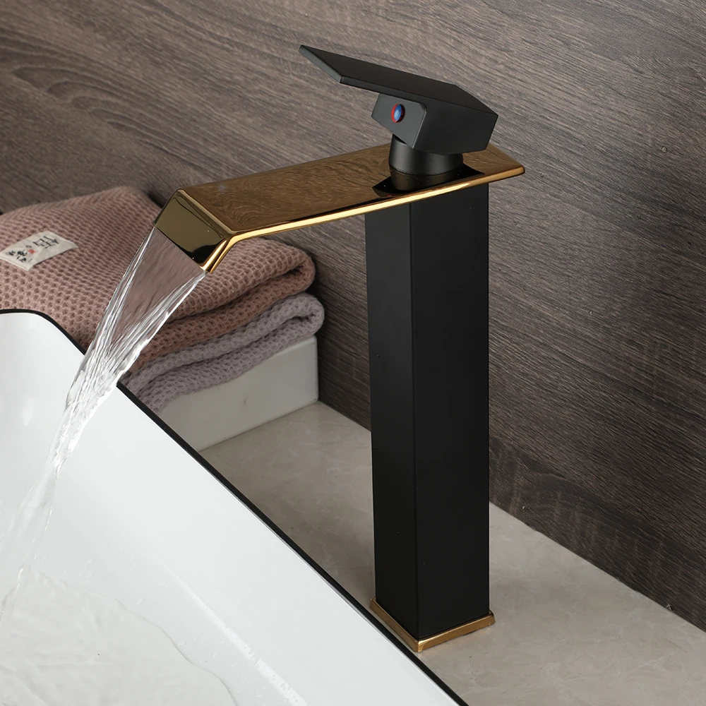 

KEMAIDI Gold Black Bathroom Basin Sink Faucet Brass Waterfall Faucets Single Lever Deck Mounted Mixer Hot Cold Water Mixer Tap