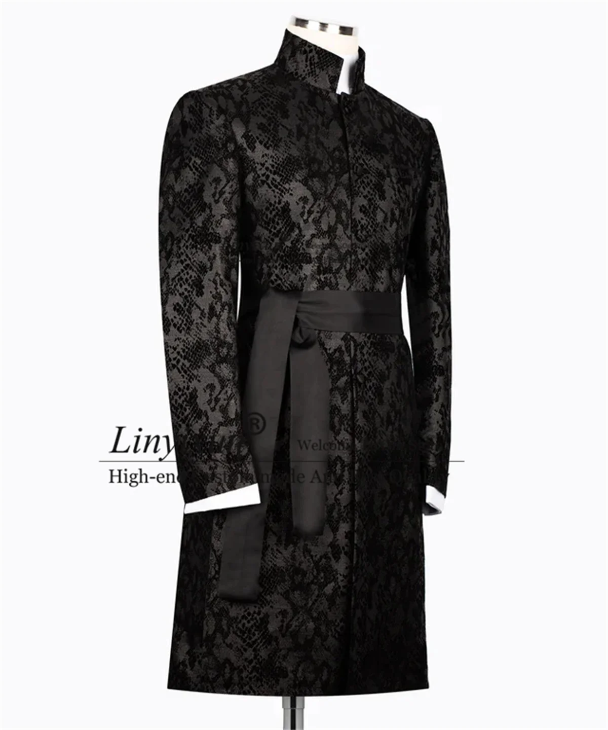 Customized Jacquard Men Suit With Belt Wedding Groom Tuxedo Slim Fit Male Prom Blazer 2 Piece Sets Long Coat Pants Costume Homme 2