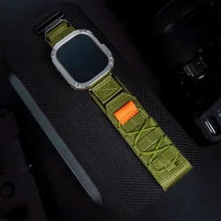 Durable Nylon Wrist Strap with TPU Protective Case for Apple Watch - Tactical Sports Band Bracelet (Green Starlight)