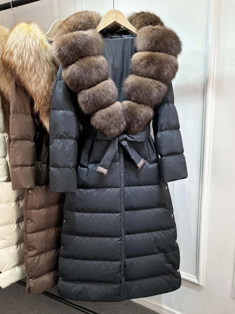 Janveny Large Real Fox Fur Collar X-Long Puffer Jacket Women