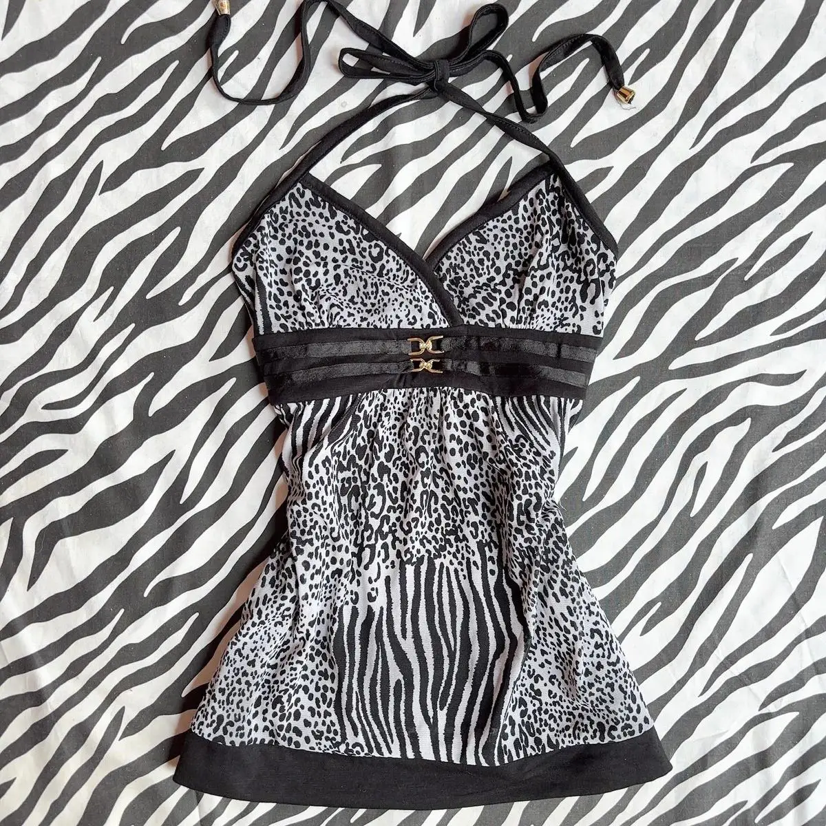 Zebra pattern Y2K fitted short-sleeved halter-neck strap streetwear retro casual sexy high street hot and sweet woman's clothing 1
