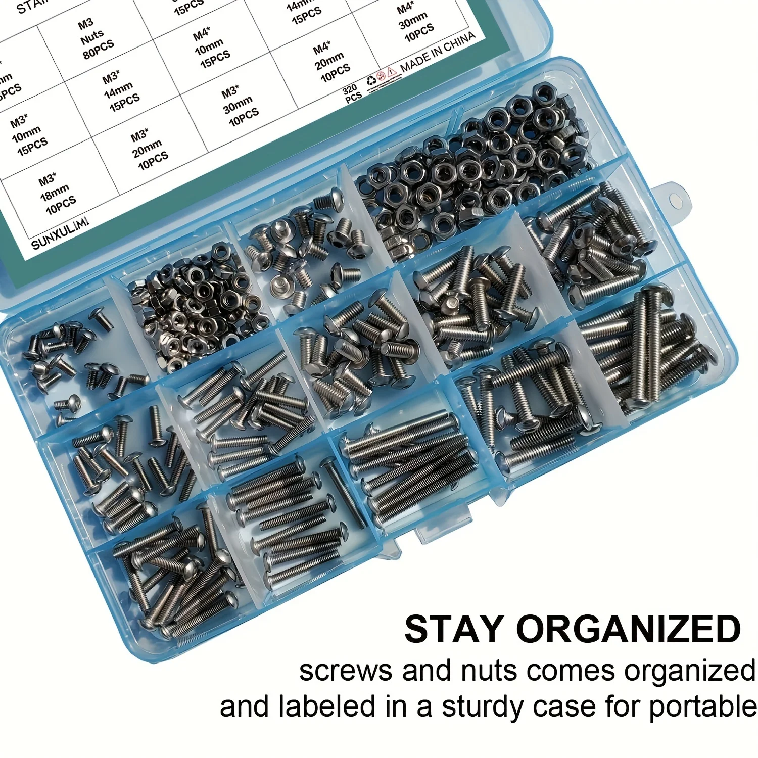 320Pcs M3 M4 Hex Socket Head Cap Bolts Nuts Screws Assortment Set 304 Stainless Steel