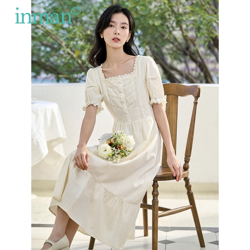 

INMAN Women Dress 2023 Summer Puff Sleeve Square Neck Slim Waist A-shaped Lace Embroidery Pleated Design Pure Cotton Skirt