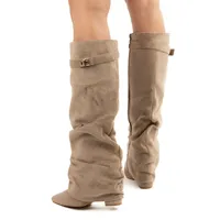 2025 New Style Metal Buckle Women's Knee High Boots Pointed Toe Crude Heel Solid Color Female Long Boots Quality Ladies Shoes 4