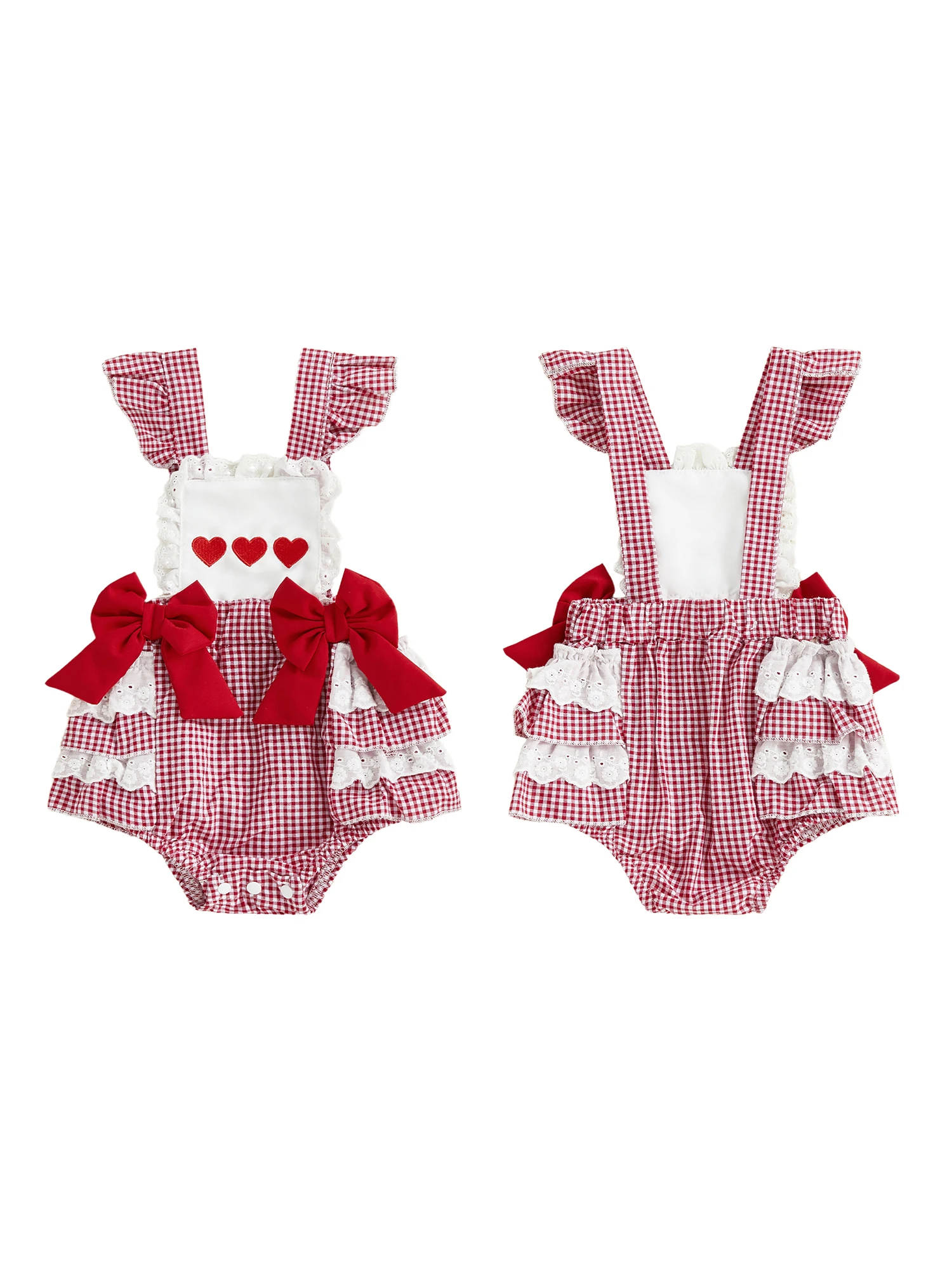 Adorable Infant Girls Rompers with Sleeveless Design Square Collar Ruffled Details Embroidered Letters and Bow Accent -