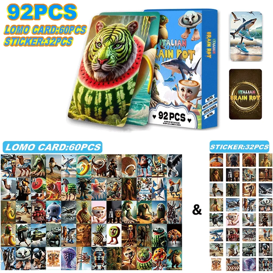 Set De 60 Cartas Italian Brainrot + 32 Pegatinas Tung Tung Tung Saur - Para Coleccionistas Y Juego | Diseños Coloridos Y Coleccionables