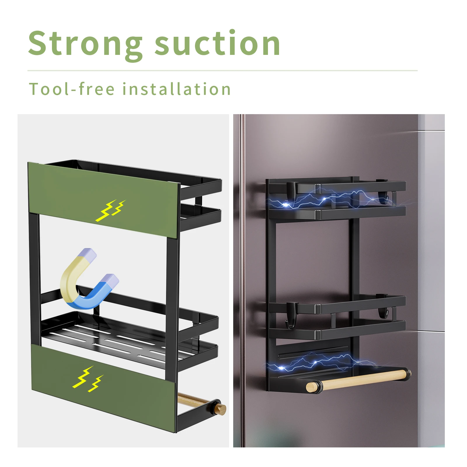 refrigerator shelves,Strong magnetic absorption rack,spice rack,With paper roll holder,Kitchen supplies storage rack With hook 5