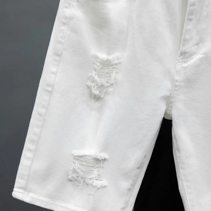 White Denim Shorts Men's Summer Fashion Ripped Soft Elastic Fit Straight Casual Korean Hole Short Jeans Hip-hop Streetwear 6