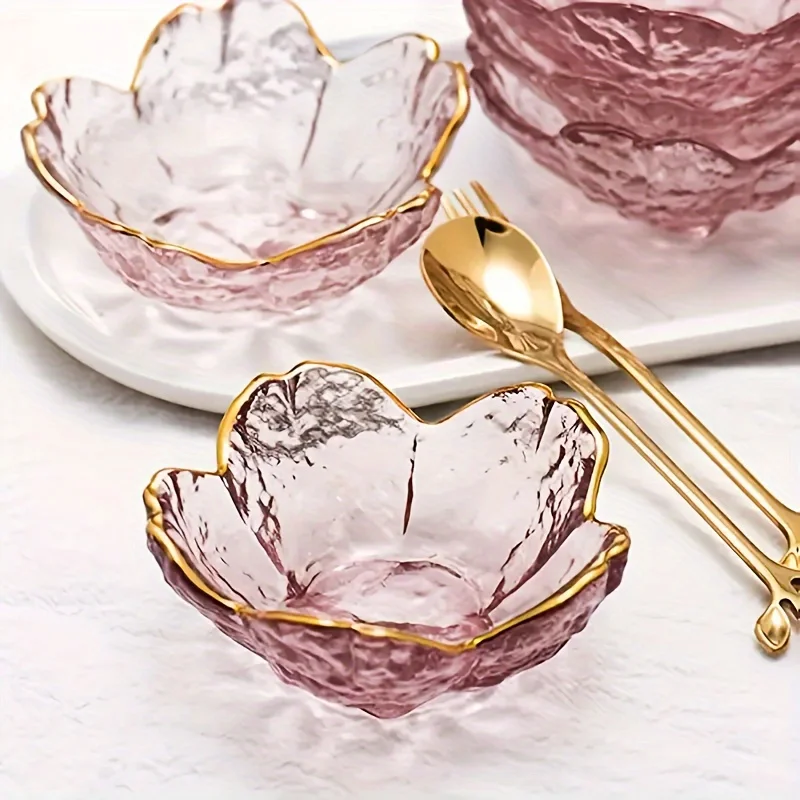 6Pcs Japanese Cherry Glass Plates, Stylish Elegant Vintage Plate For Snack Dessert Fruit Dish Snack Jam, Novelty Flatware, Kitc