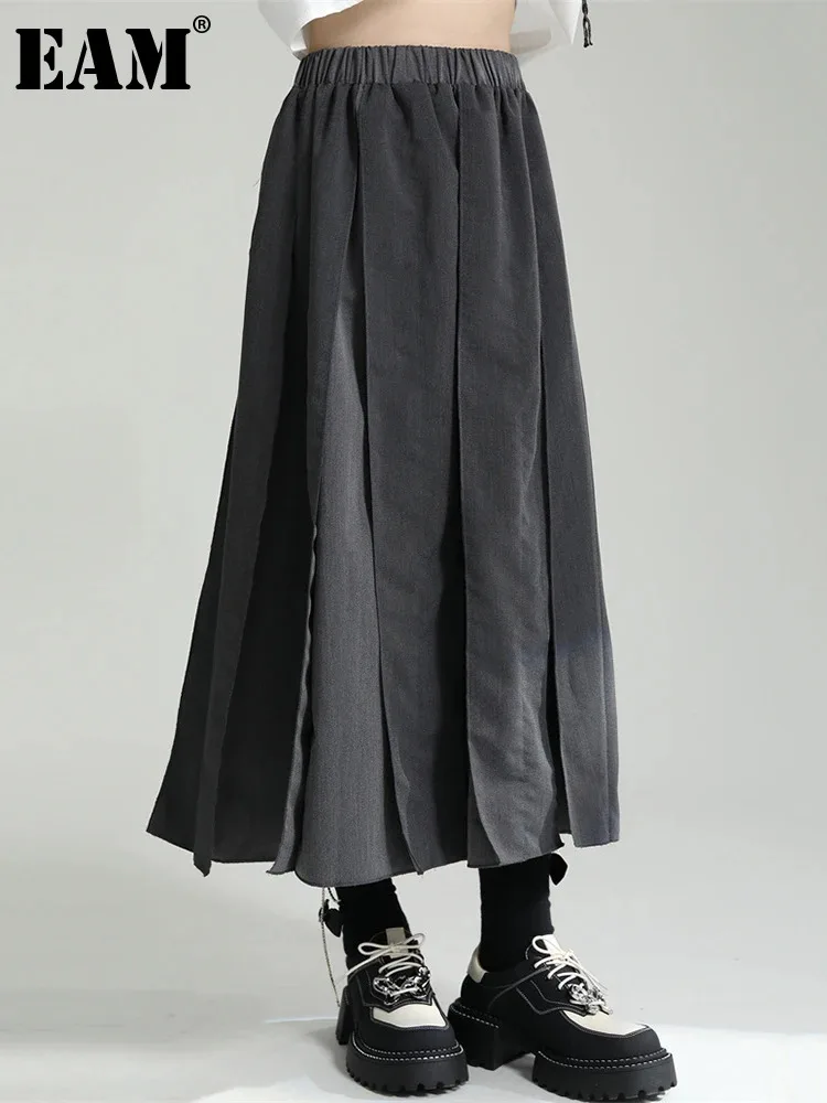 

[EAM] High Elastic Waist Gray Pleated Irregular Long Casual Half-body Skirt Women Fashion Tide New Spring Autumn 2024 1DF8430