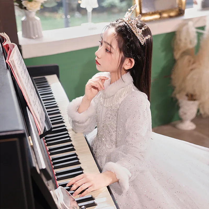 

High-End Piano Performance Children'S Princess Fleece-Lined Girls' Autumn And Winter Little Host Dress