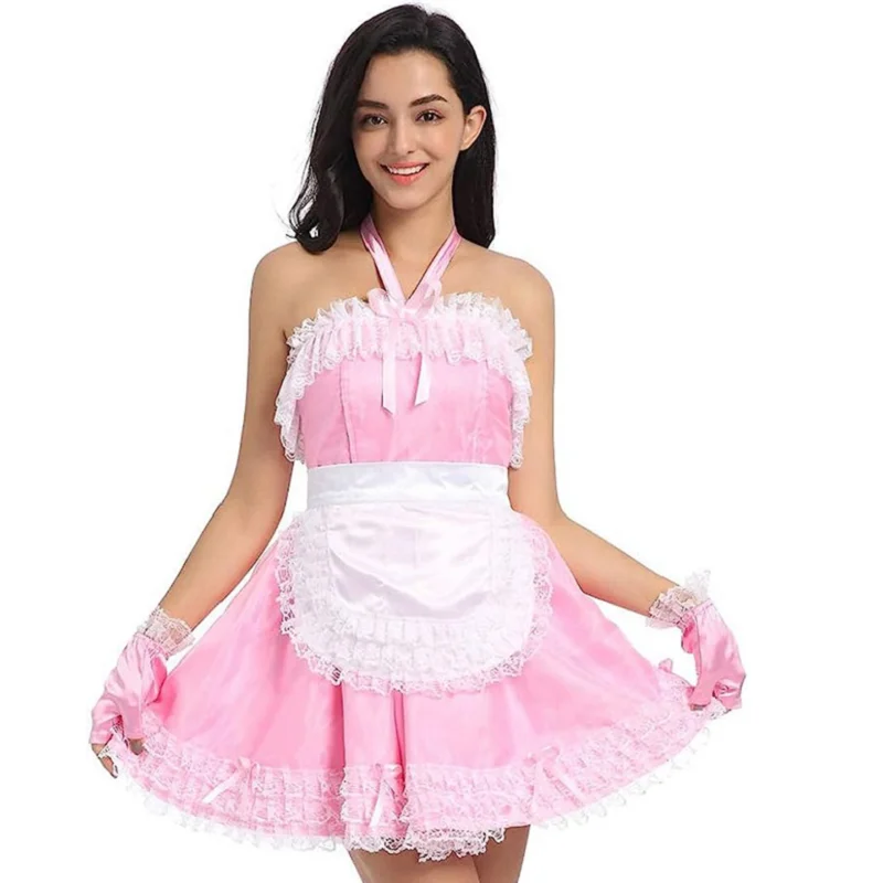 

Adult Giant Baby Sexy Girl Pink Thin Silky Satin Strap Sissy Back Dress Sleeveless White Apron Maid Role Play Customization