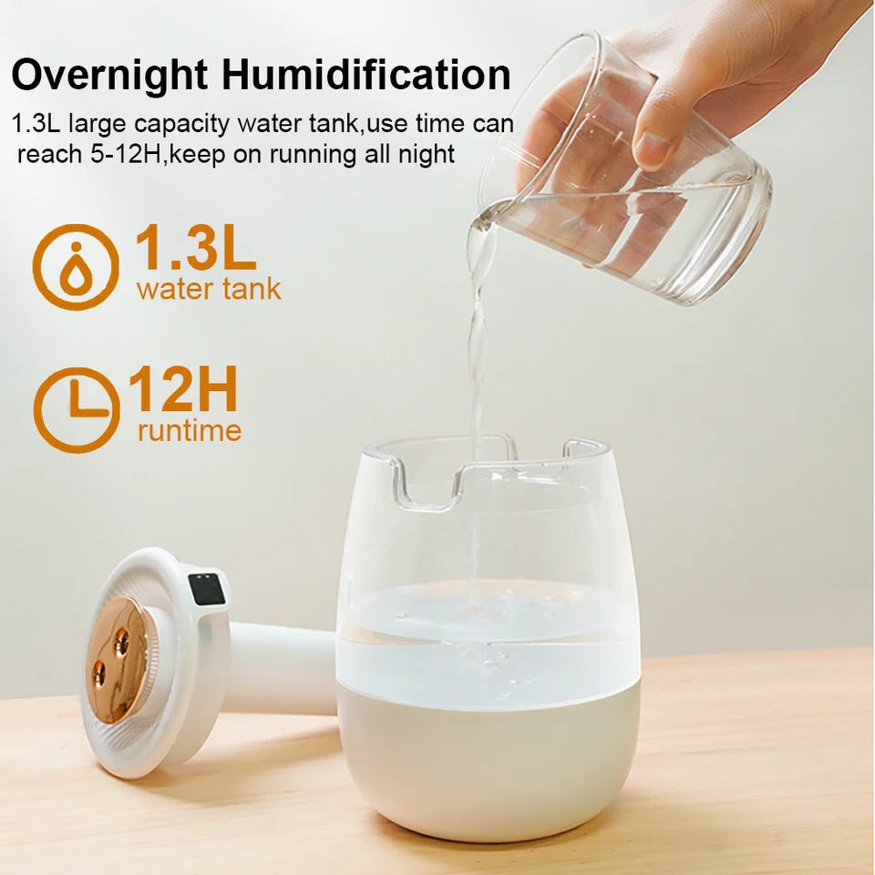 Air Humidifier 1300ML Aroma Humidifier Double Spray Port Essential Oil Diffuser USB Water Humidifier with Light for Home Office