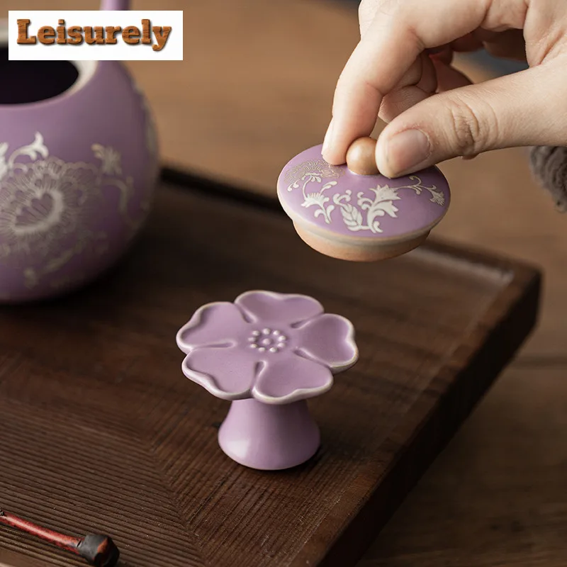 Purple Ru Porcelain Peach Blossoms High Foot Teapot Cover Holder Creative Cover Frame Lid Bracket Zisha Pot Lid Shelf Teaset