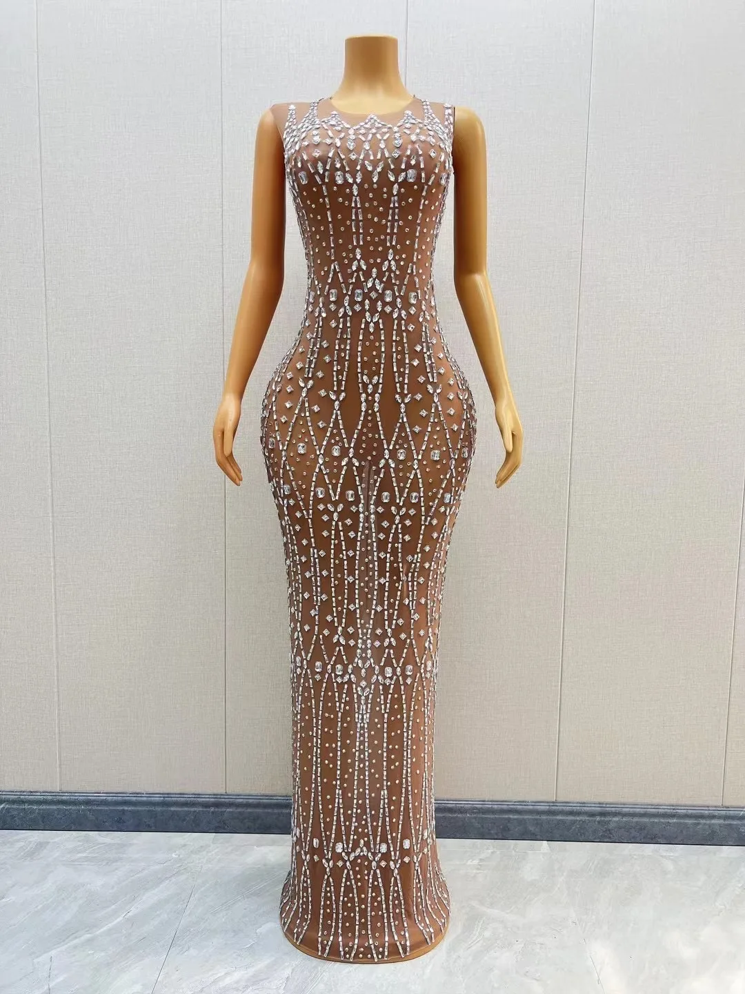 

Bright Silver Rhinestones Crvstals Dress StretchSkinny Beads Dance Costume Prom PartyNightclub Singer Performance fangge C120