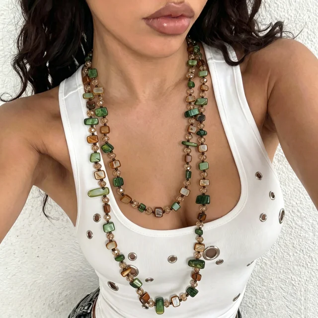 Collier bohème Vintage en pierre naturelle irrégulière pour femmes, perles de cristal faites à la main, Double couche, longue chaîne de pull, bijoux cadeau