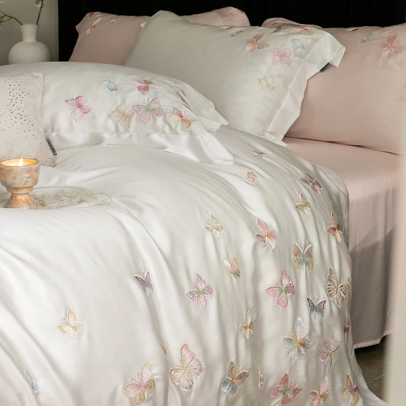 Butterfly Embroidery Luxury Bedding Set 800TC Lyocell Bamboo Fiber Soft Silky Duvet Cover Flat/Fitted Bed Sheet Pillowcases 4Pcs 5