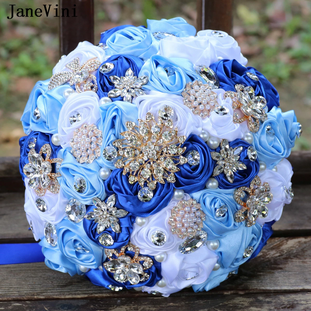 JaneVini 2023 Luxury Diamond Wedding Bouquet Flowers Wedding Bridal Blue Satin Bling Crystal Rhinestone Bridesmaid Bouquet Bleu