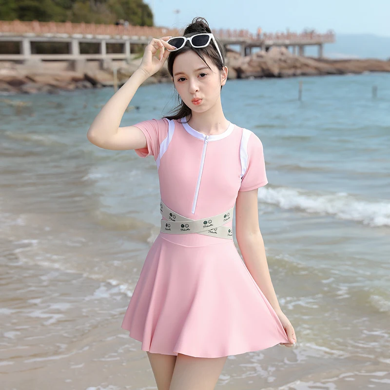 여아용 원피스 수영복 원피스 반팔 단색 다크 브라운 핑크 허리띠, 9-16 세 학생 비치웨어, 서핑 세트 2024