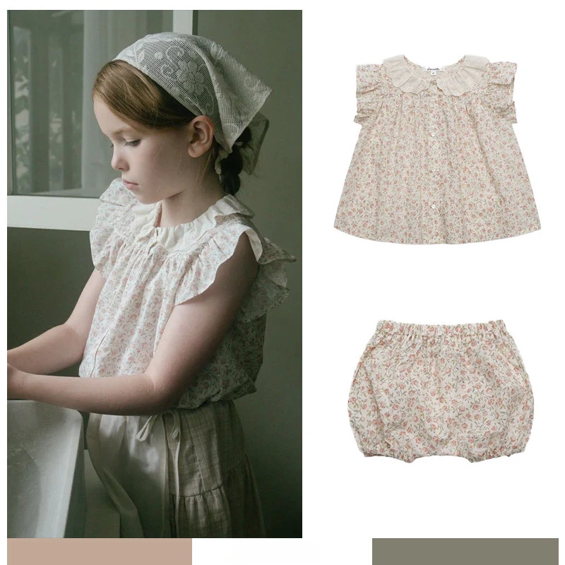 

Ins Style Summer New Lace for Children and Girls LOU Shirt Flying Sleeve Large Flap Collar Top and Bloomers Sets