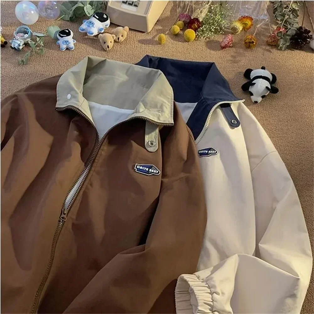 American Work Clothes Men Coat Japan Korean Brown Coffee Vintage Spring Autumn College Casual Fashion Chic Unisex Zipper Jacket