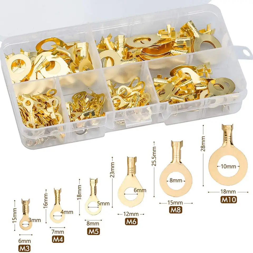 150pcs Insulated Brass Ring Crimp Terminals Wire Connectors Spade Electrical Kit M3 M4 M5 M6 M8 M10 Cable Lugs Set image 2