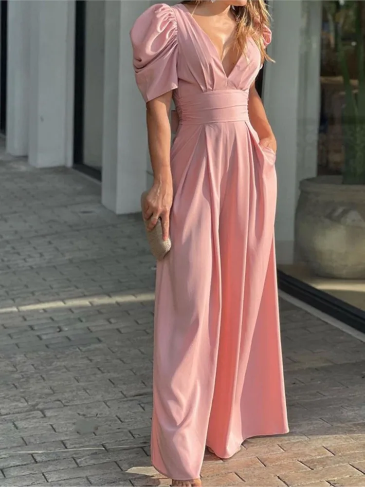Women\'s Solid Color Short Sleeved Jumpsuit With V-neck Backless Waisted 2023 Elegant Casual Fashion Women\'s Wide Leg Jumpsuit