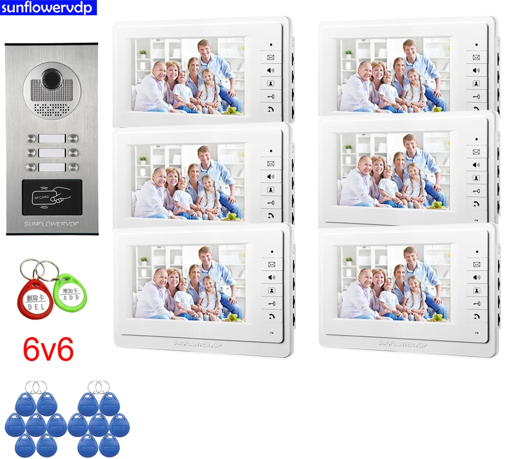 

Rfid 6 Lines Home Video Door Phone Security Call 6 Buttons Door Intercoms System Color 7” Monitors Doorbell Doorman Full Kit