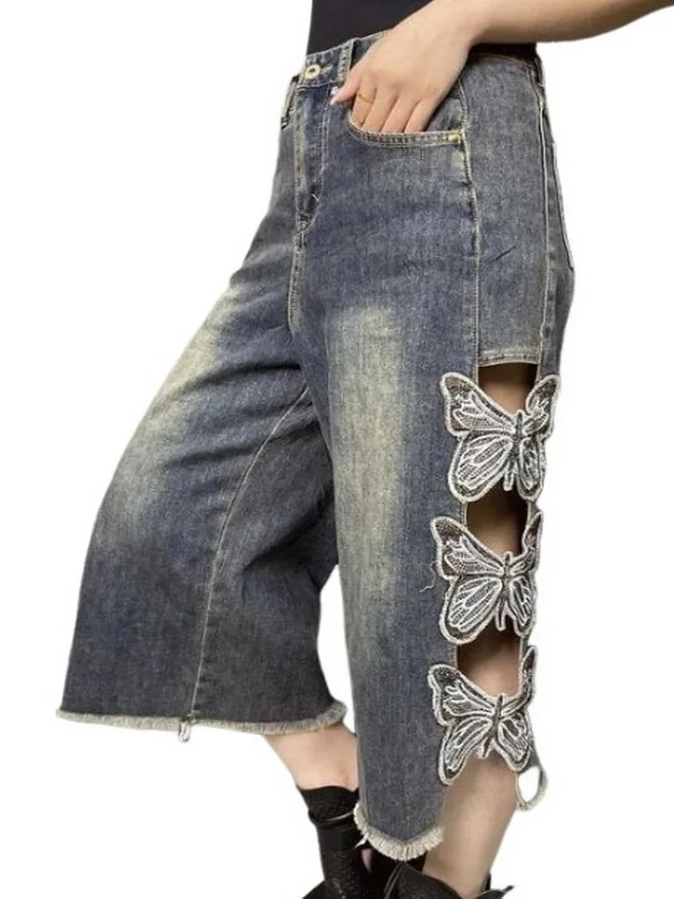 

Perforated Butterfly Hollowed Out Embroidery Jeans ,High Waisted Jeans For Women Summer Baggy Wide Leg Calf-Length Pants