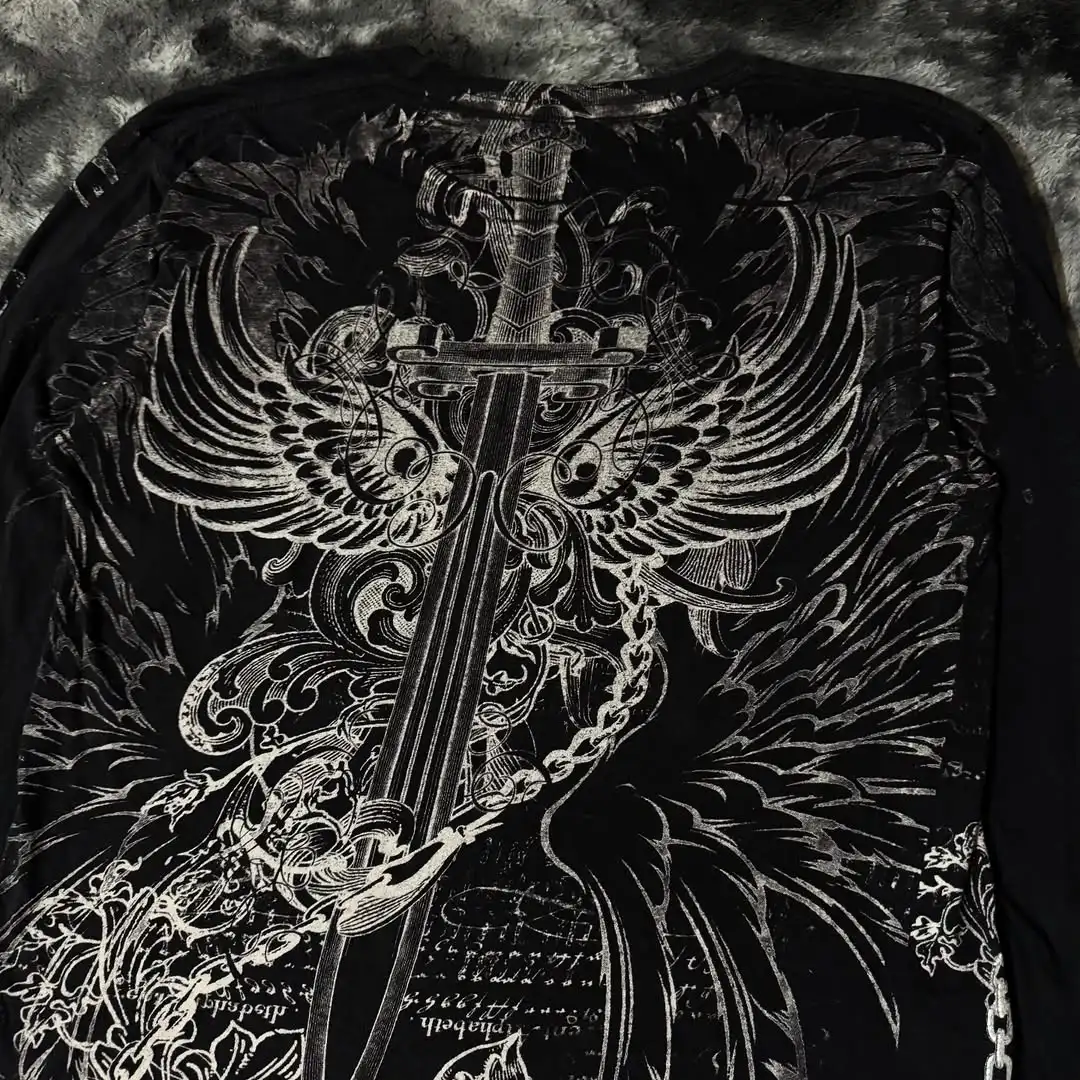 Black Mens Gothic Dark Style Sweatshirt Loose Unique Wing Print Design on Front Chest Trendy Casual Streetwear Edgy Personality