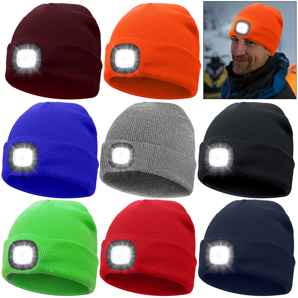 USB Rechargeable Unisex Knitted Hat with 3 Brightness Levels 4 LED Head Flashlight Hands Free Cap Gifts for Dad